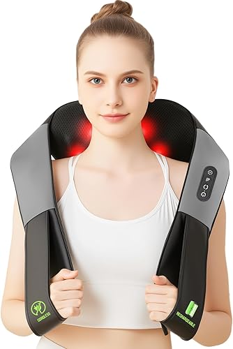 Masajeador Shiatsu inalámbrico de cuello y hombros, masajeador de espalda con calor, masaje de tejido más profundo 4D para hombros, cuello y