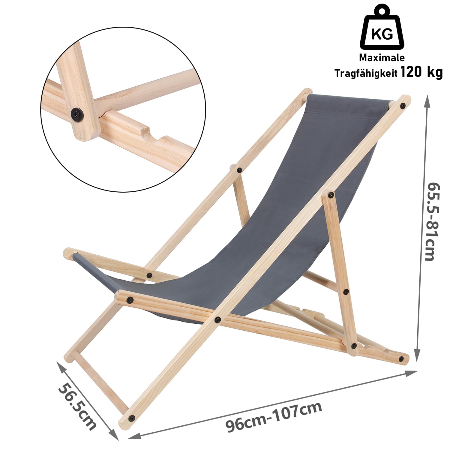Lot de 2 chaises longues pliantes en bois - Charge maximale : 120 kg - Pour plage, camping, balcon, piscine, chaise pliante en bois, chaise longue de plage, résistante aux intempéries, grise