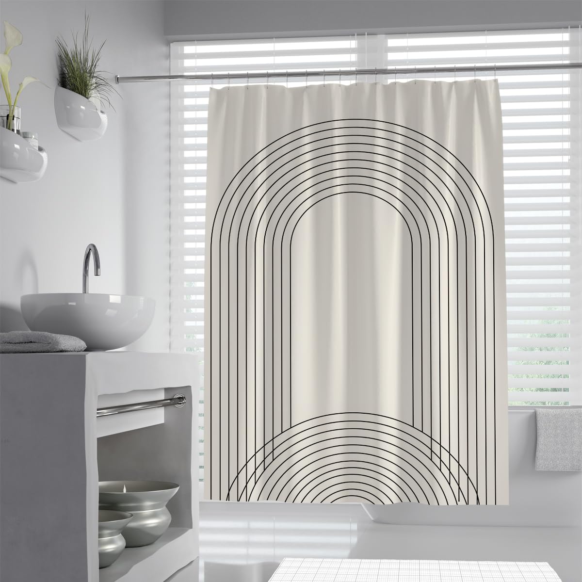 Uiringart Shower Curtains Beige Minimalist Geometric Lines W180xl200cm Nordic Abstract Anti Mould Waterproof Bathroom Shower Screen With Hook