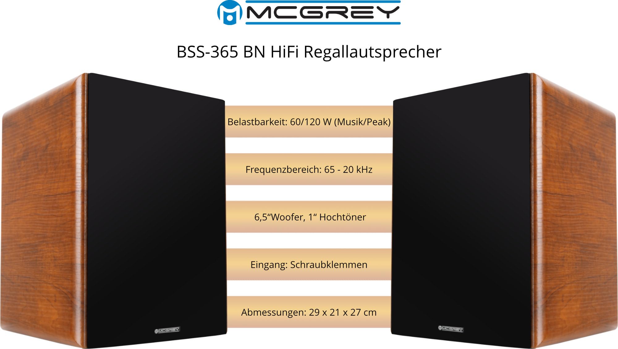 McGrey BSS-365 BN Coppia Diffusori da Scaffale HiFi 6, Casse HiFi Compatte | Potenza: 60 Watt (RMS)/ 120 Watt (Peak), Sistema 2 Vie, Woofer 6, 5" (16, 5 cm), Tweeter 1, 0" (2, 54 cm) con cupola in seta