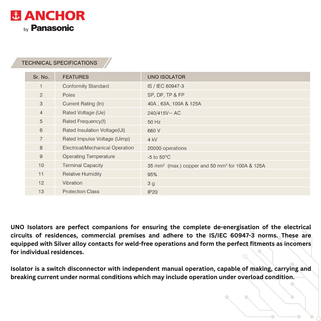 Anchor Panasonic UNO Isolator - 63A Dual Pole -5 Anchor Panasonic UNO Isolator - 63A Dual Pole -5