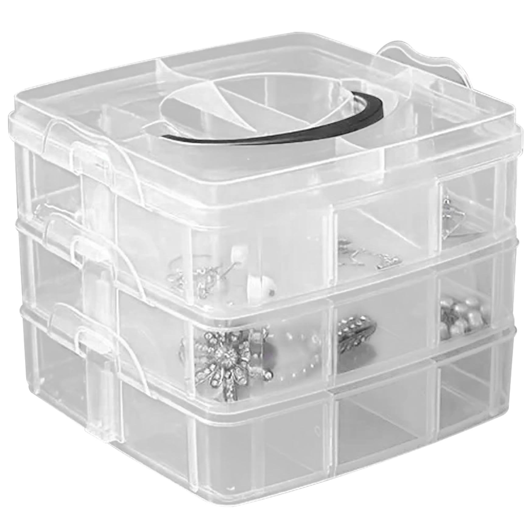 Tackle Box Organizer, 3-Tier Transparent Stackable Bead Organizer Adjustable Compartment Slot Plastic Box with Dividers Snap-Lock Tray Container for Washi Tape, Toy Ornament Storage