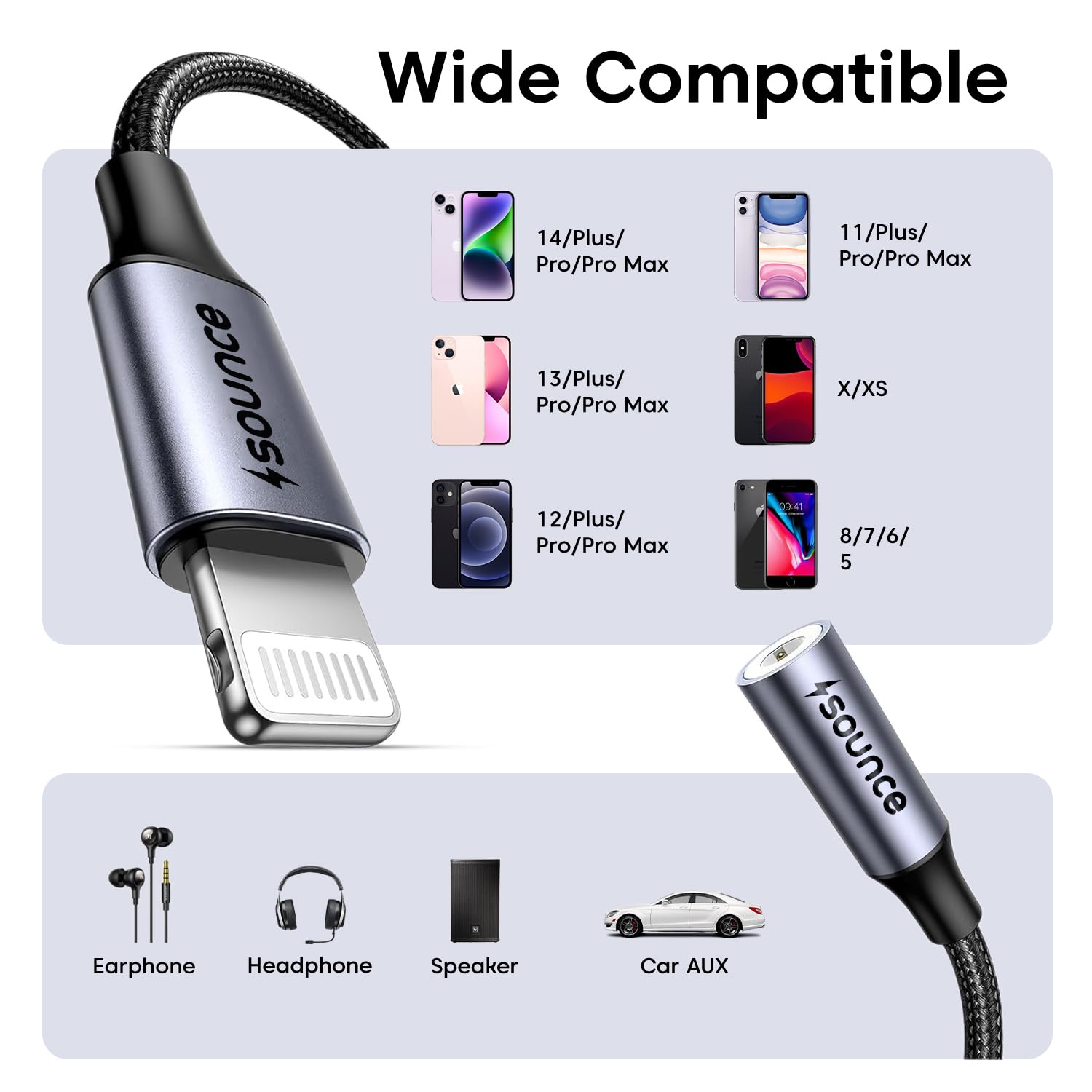 Sounce Lightning to 3.5mm Audio Converter – DAC Chip, Braided Cable, Aluminum Housing, Supports Mic & Stereo Sound for Multi-Device Compatibility — Amazon image 7