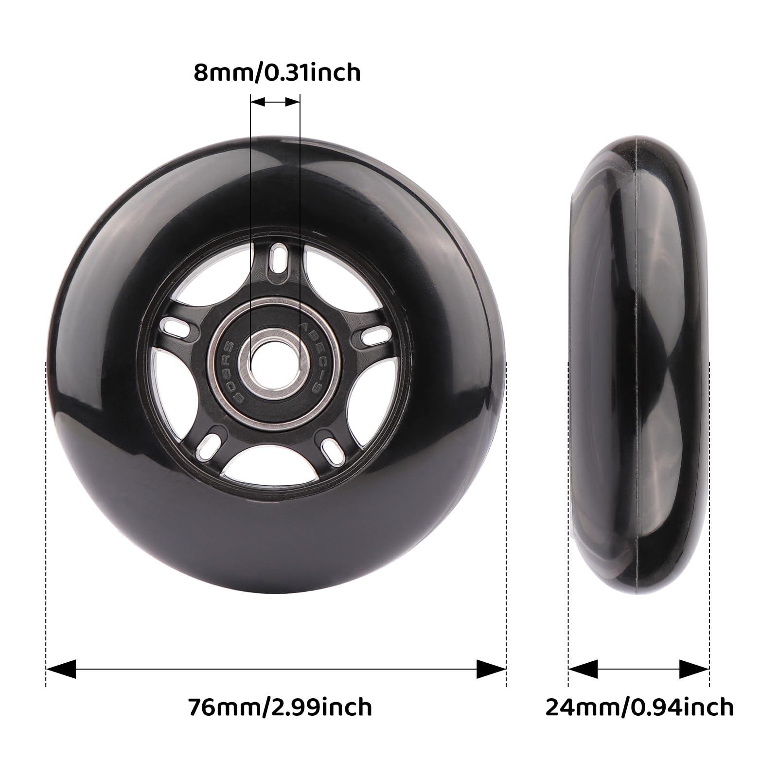 Gladder Luggage Suitcase Replacement Wheels Silent PU Caster Inline Wheels w/ABEC7 608-2RS Bearings 6mm Axles Washer Universal Repair Kit (76x24mm)