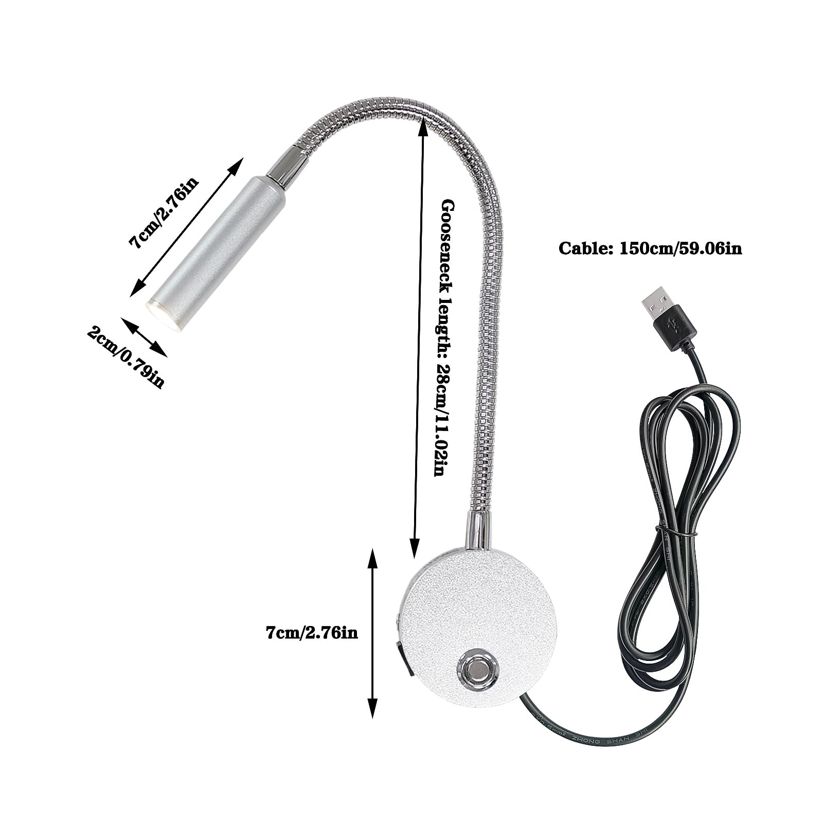 Lámpara LED de Lectura, Luz de Pared con Enchufe y Interruptor Táctil, Brillo Ajustable, Lámpara de Pared con Puerto USB, Montaje en Pared Lámpara de Cuello de Cisne Rotación Flexible de 360°