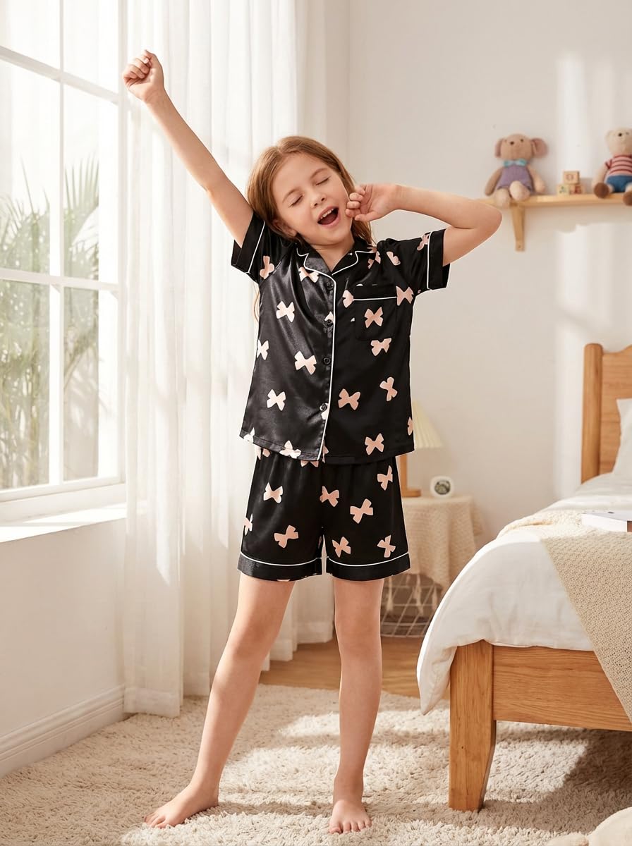 JiAmy - Pijama de manga corta para niñas, pijamas de verano de satén para niños, 2 piezas, ropa de dormir con botones, estampado de lazo de 8 a 12 años