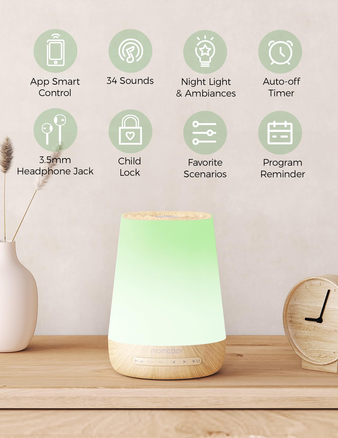 Momcozy Baby White Noise Sound Machine, App Control Sleep Soother | 34 spokojne audio, 7-kolorowa lampa, timer, niestandardowa rutyna na dobranoc, trener malucha i gra dotykowa, słoje drewna