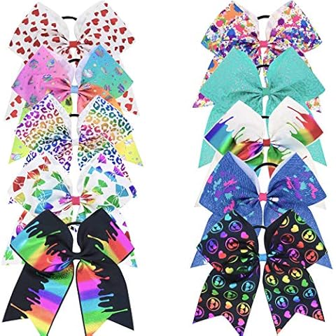 DeD 10 Pcs Elastic Bow 7" Large Hair bows Boutique Rainbow Golden-plating Grosgrain Ribbon Pigtail Holder For School Girls Teens Cheerleader Cover