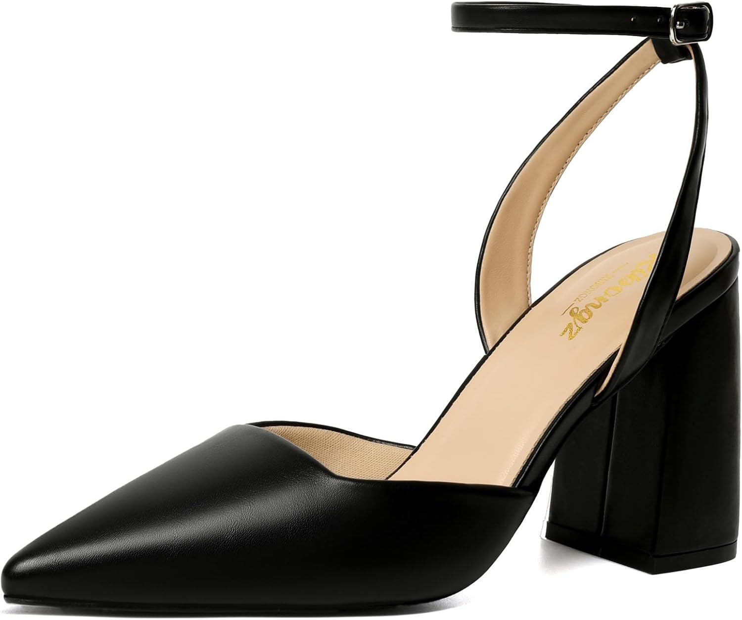 RIBONGZ Block Heels for Women Closed Pointed Toe Heeled Slingback Chunky High Heel Ankle Strap Pumps Patent Leather Comfort Dressy Shoes for Work Party Prom Wedding Bridal Dress