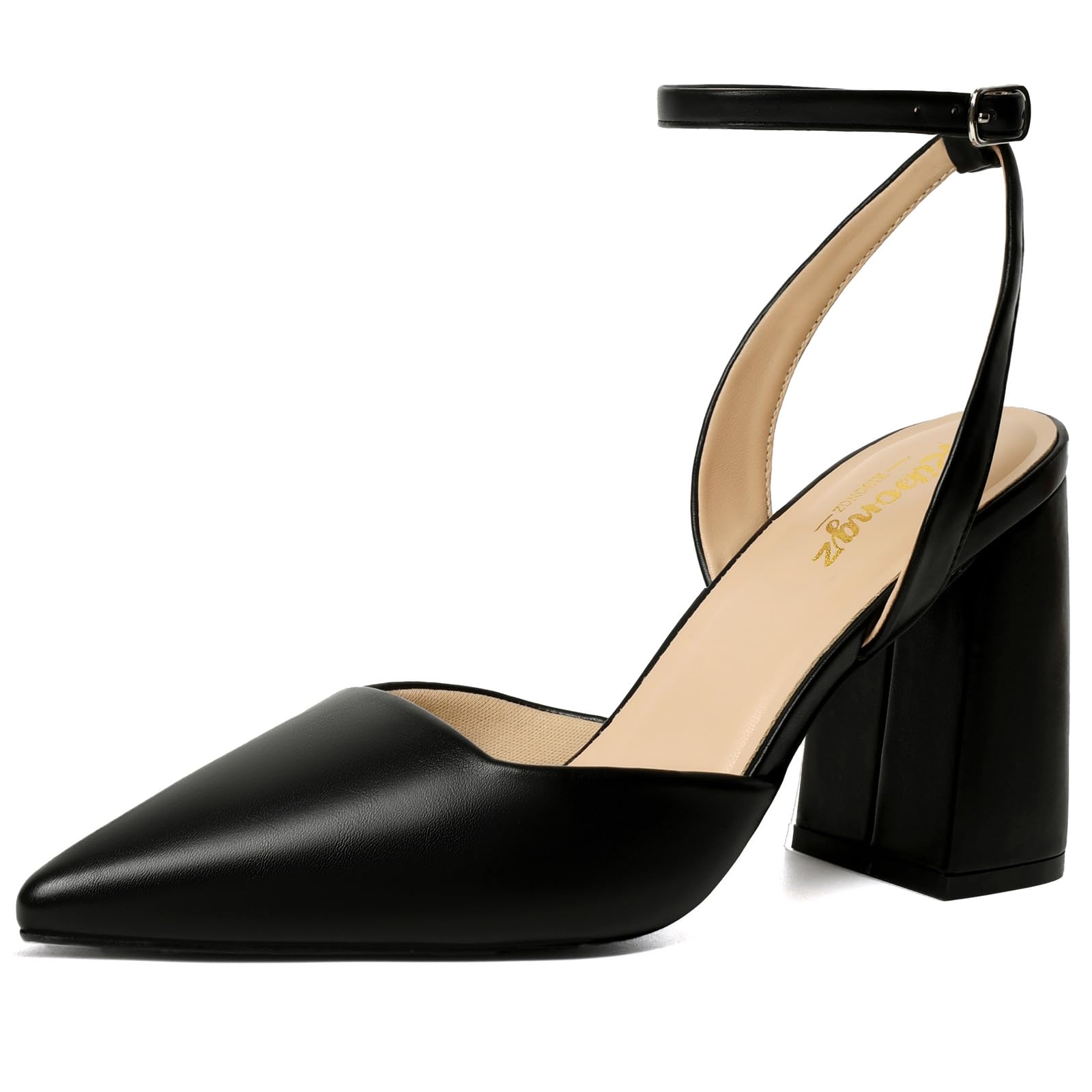 Photo 1 of ********SIMILAR****** RIBONGZ Block Black Heels for Women Closed Pointed Toe Heeled Slingback Chunky High Leather Heel Ankle Strap Pumps Comfortable Dressy Shoes for Work Party Prom Wedding Bridal Dress Size 8