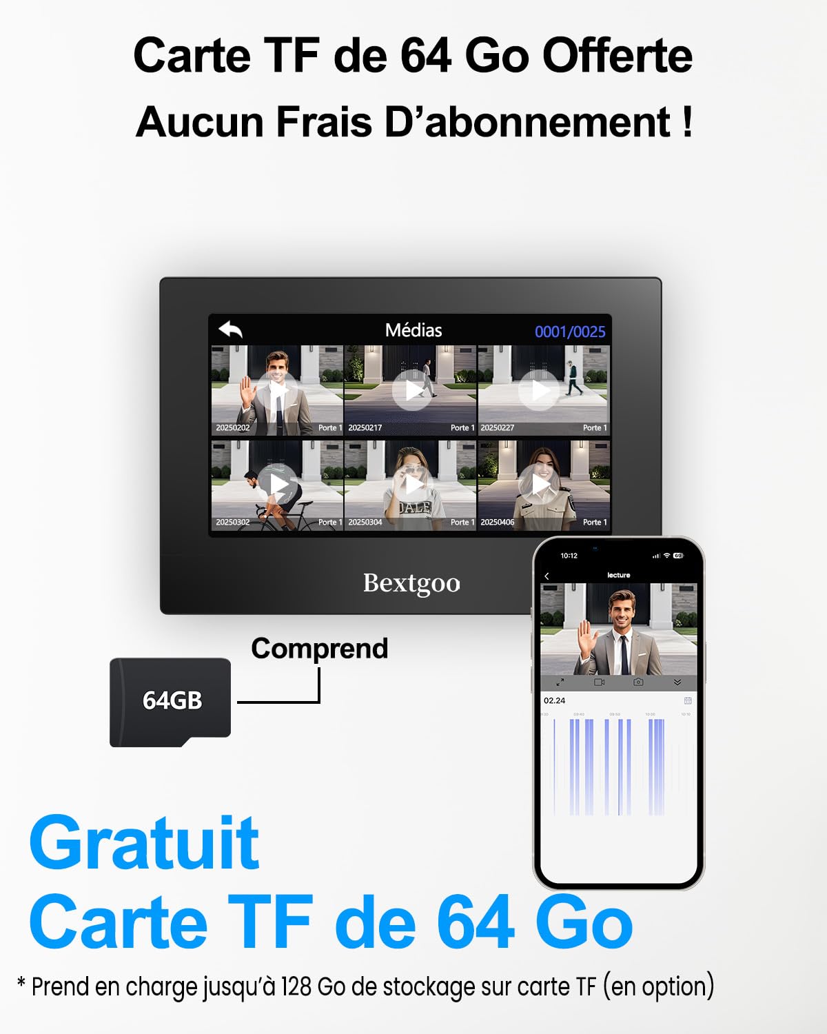 2K Visiophone Connecté Interphone Vidéo 2 Fils, Écran Tactile Couleur 7" | Déverrouillage à Distance, Détection AI, Audio Bidirectionnel, Vision Nocturne, Badges IC, Carte SD 64G Intégrée