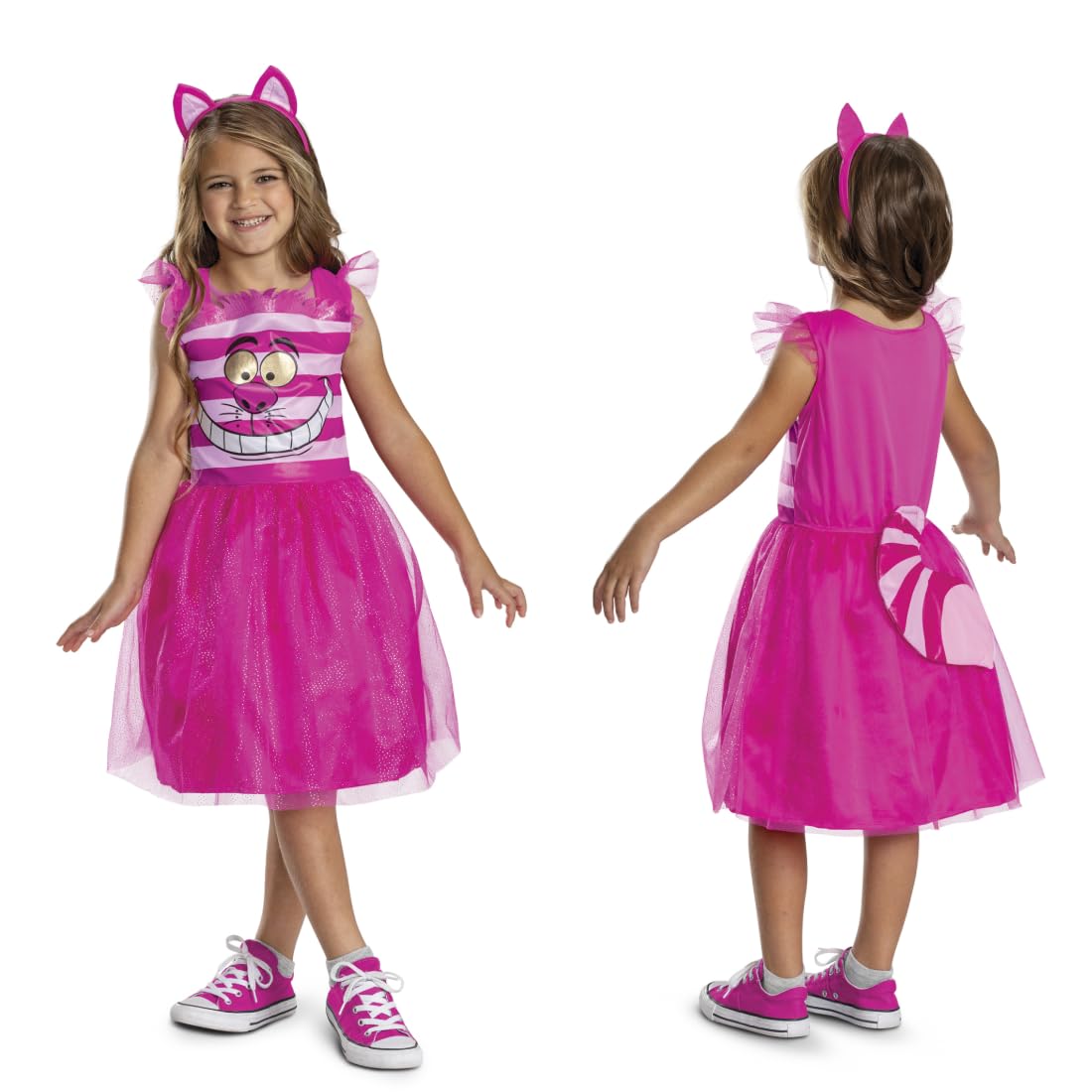 Disguise Alice in Wonderland Cheshire Cat Fancy Dress for Girls, Officially Licensed, Adorable Cheshire Dress, Glitter Layered Skirt, Includes Cat Ear Headband, for 4-6 Years