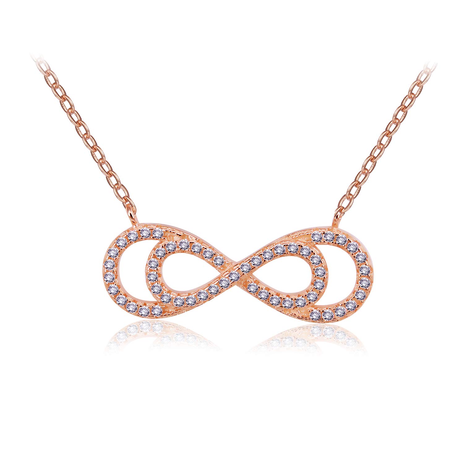 BiBearyWomen elegant 925 Sterling Silver Zirconia CZ Infinity Eternity double 8 Shaped Chain Necklace rosegold-tone