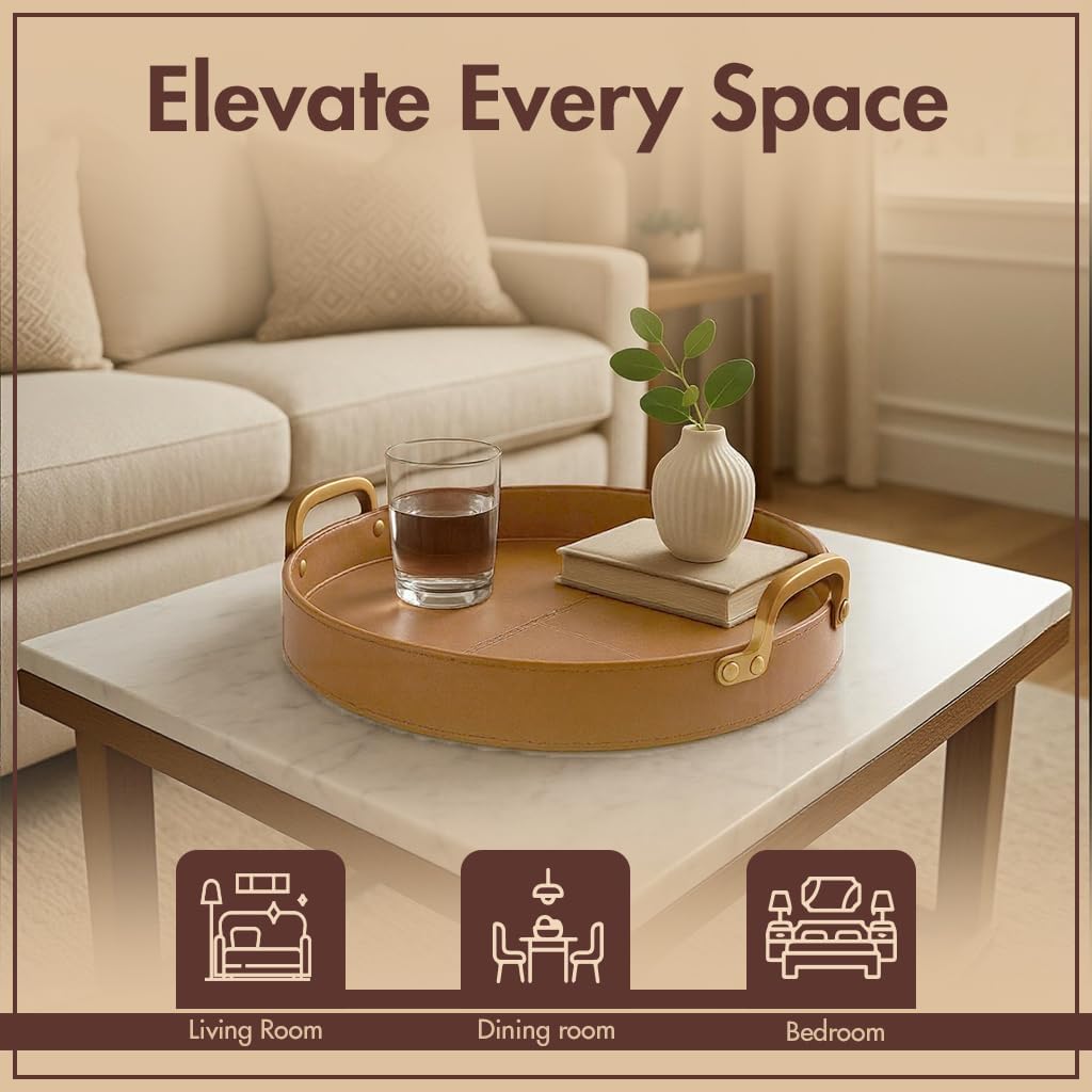 Stitched Round Leather Tray with Brass Handle Ideal for Serving Coffee Drinks Ottoman Tray for Office Home Kitchen Snack Counter Centerpiece Storage (Light Brown (14" x 14")) - Image 7