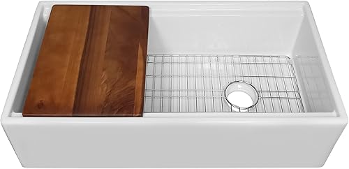 Miniatura 8 de Whitehaus Collection Juego de fregadero reversible de arcilla refractaria de 30 pulgadas con un delantal frontal liso, tabla de cortar de madera de