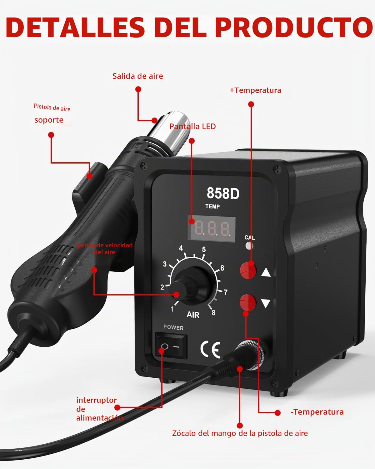 Estación de soldadura de aire caliente 700W,858D Hot Air Soldering Rework SMD Station 100°C-480°C,estación de soldadura con accesorios con 3 nozzles,2 pinzas,2 rollos de hilo para soldar.