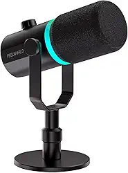FEELWORLD Microfone PM1 XLR USB dinâmico com suporte de mesa, presentes para gravação de podcast, PC, computador, jogos, transmissão ao vivo, locução vocal, microfone de metal de estúdio, luz RGB