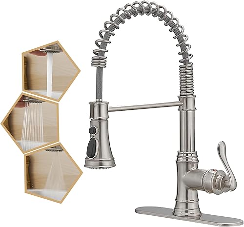 Níquel cepillado, grifo de cocina extraíble de una sola manija con pulverizador, salida de 3 modos, latón sólido, placa de cubierta de orificio de