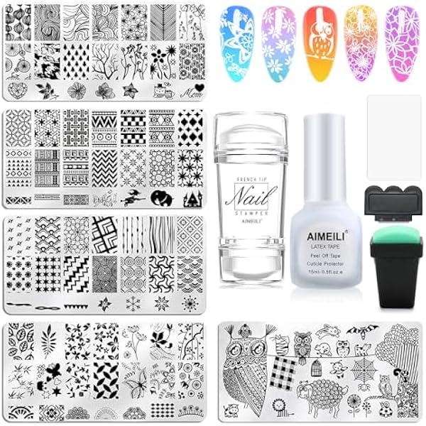 AIMEILI Nail Art Tamping Plates Zestaw do manicure Pedicure 5 szt. Płaskich paznokci, 2 Stamper, 2 skrobaczki, 1 x taśma lateksowa do peel Off
