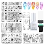 AIMEILI Nail Art Stamping Templates Manicure Tool Kit 5Pcs Nail Stamping Plates, 2 Stamper, 2 Scraper, 1 Latex Peel Off Tape, Flower Animal Pattern Manicure Print Tools for DIY Nail Art Designs