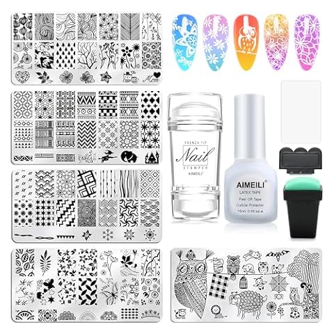 AIMEILI Nail Art Tamping Plates Zestaw do manicure Pedicure 5 szt. Płaskich paznokci, 2 Stamper, 2 skrobaczki, 1 x taśma lateksowa do peel Off