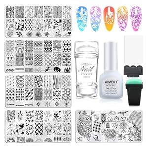 AIMEILI Nail Art Stamping Templates Manicure Tool Kit 5Pcs Nail Stamping Plates, 2 Stamper, 2 Scraper, 1 Latex Peel Off Tape, Flower Animal Pattern Manicure Print Tools for DIY Nail Art Designs
