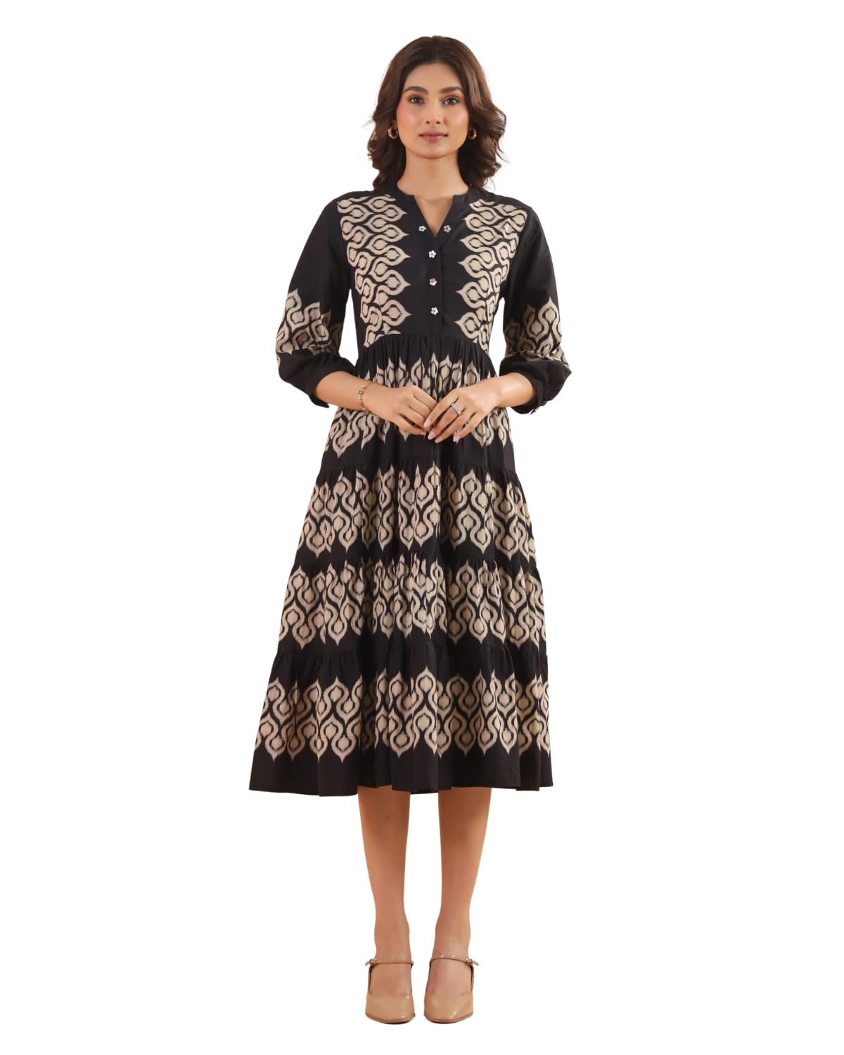 Black Cotton Printed Designer Flared Dress-image-48