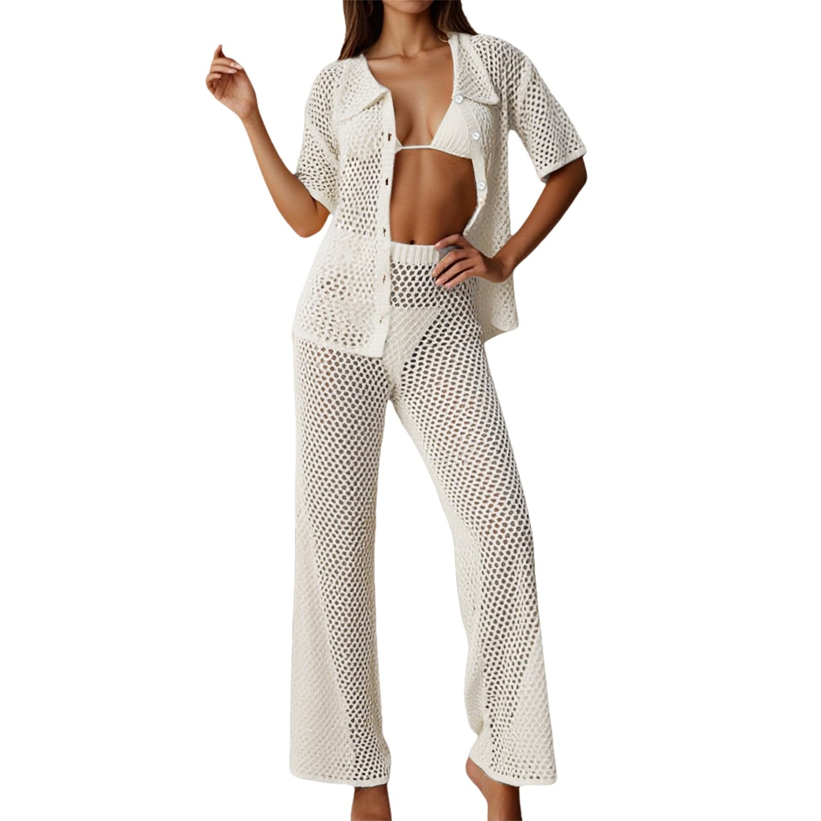 Ensemble Crochet Deux Pièces Ajouré, Haut Boutonné Pantalon Large, Maillot de Bain de Plage, pour Soleil, Vacances et Sorties Balnéaires
