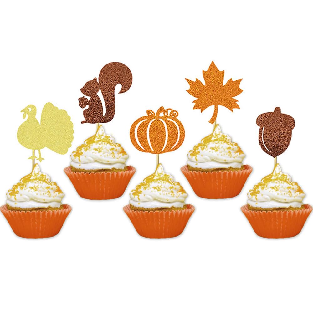 MGPFERD 30 Pcs Thanksgiving Day Cupcake Toppers Pumpkin Maple Squirrel Chestnut Turkey Theme Cake Insert （5 Styles）