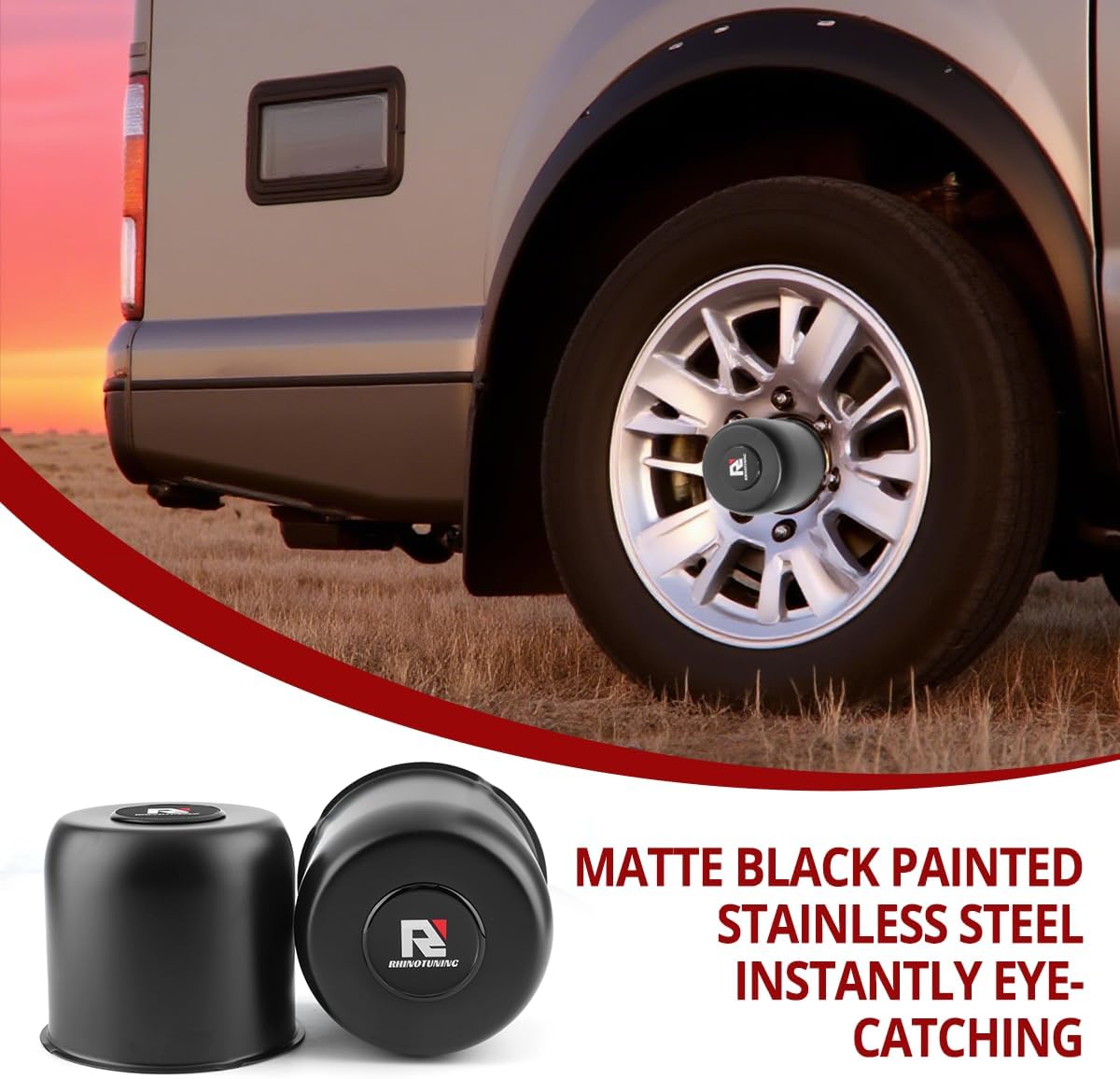 RTrhinotuning 4 PCS 4.9 in Stainless Steel Trailer Wheel Center Caps 4.47 in Tall for Truck SUV RV Rim Center Caps Black Push Through Hub Cover