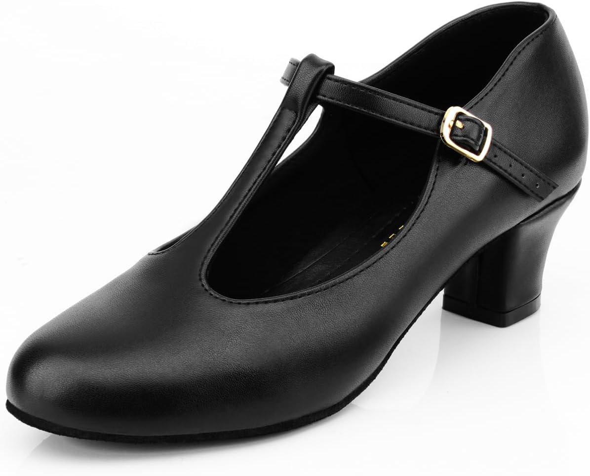 Black Character Shoes Ballrom Dance Shoes for Women,T-Strap Latin Dance Heels 1920 Dancing Shoes for Salsa Tango Flamenco,2.3"