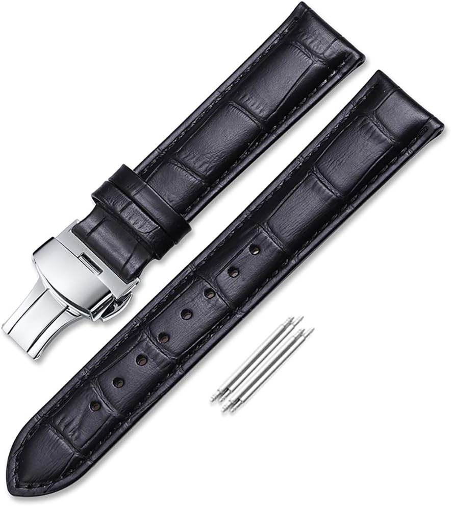 Leather Watch Band -Alligator Grain Embossed Pattern Calfskin Replacement Strap-Stainless Steel Deployment Buckle with Push Buttons-Bracelet for Men Women-18mm 19mm 20mm 21mm 22mm 24mm