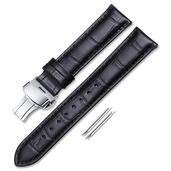 22mm Calf Leather Padded Replacement Watch Band W/ Push Button Deployment Buckle Black 22