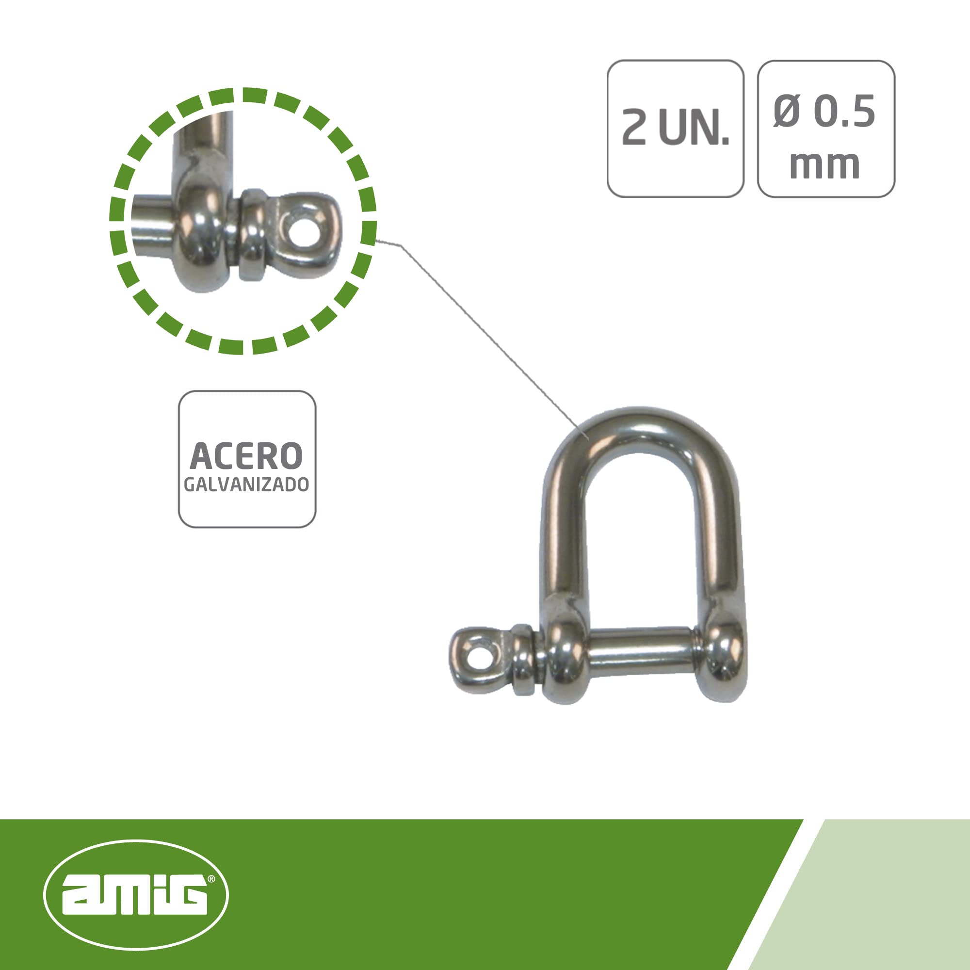 Image secondaire de Amig - Lot de 2 manilles droites Mod.30130 en acier inoxydable en forme de U et boulon fileté | Parfait pour soulever ou tirer d