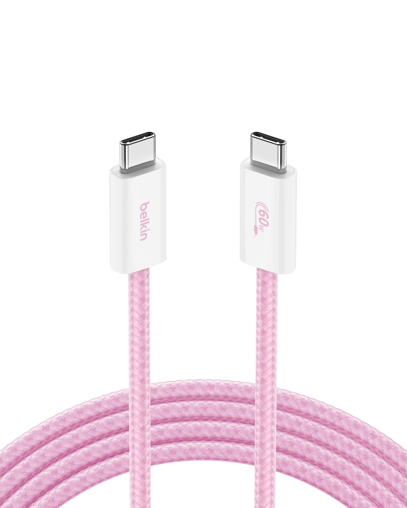 Belkin USB C to USB C Cable, 6.6ft, 60W - Type C Charger, iPhone Charger Cord, Soft, Braided, Flexible for iPhone 16, Galaxy S25, Pixel 9, Airpods, iPad Pro, Tablet & More, Travel Essentials - Pink