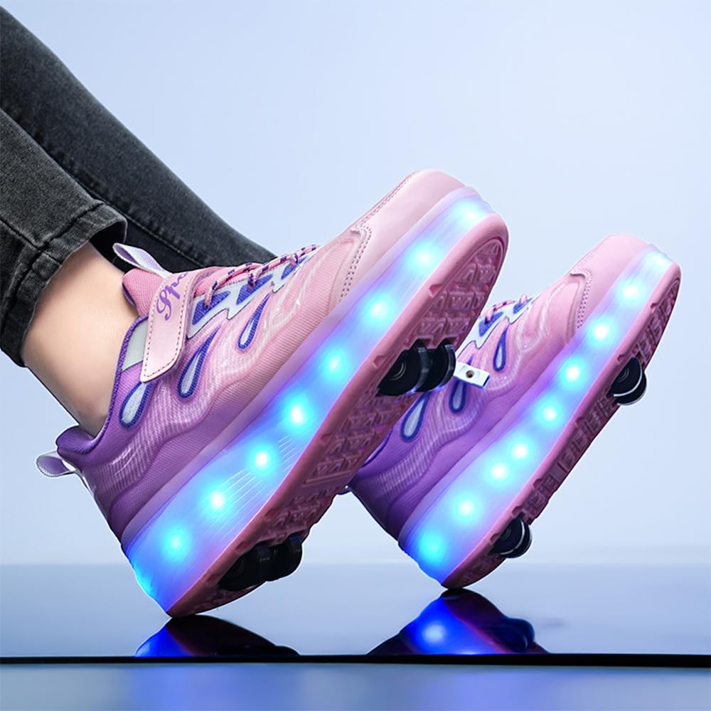 Hixingo Zapatillas con Ruedas Niña Niño, Zapatos con 4 Ruedas para Niñas con LED 2 en 1 Zapatillas Patines Zapatillas Ruedas Niño, Degradado de Color Calzado de Skateboarding Multifuncionales
