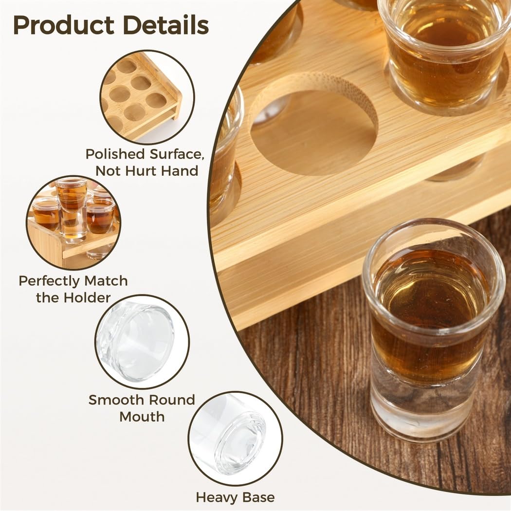 Juego de 24 vasos de chupito redondos con bandeja de madera, vasos de cristal de 0.4 onzas para whisky, tequila y cócteles