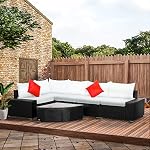 Outsunny 6 Pieces Wicker Patio Furniture Set, PE Rattan Outdoor Garden Conversation Sectional Sofa Set with 4" Thick Padded Cushions, Fan-Shape Glass Top Coffee Table, Beige