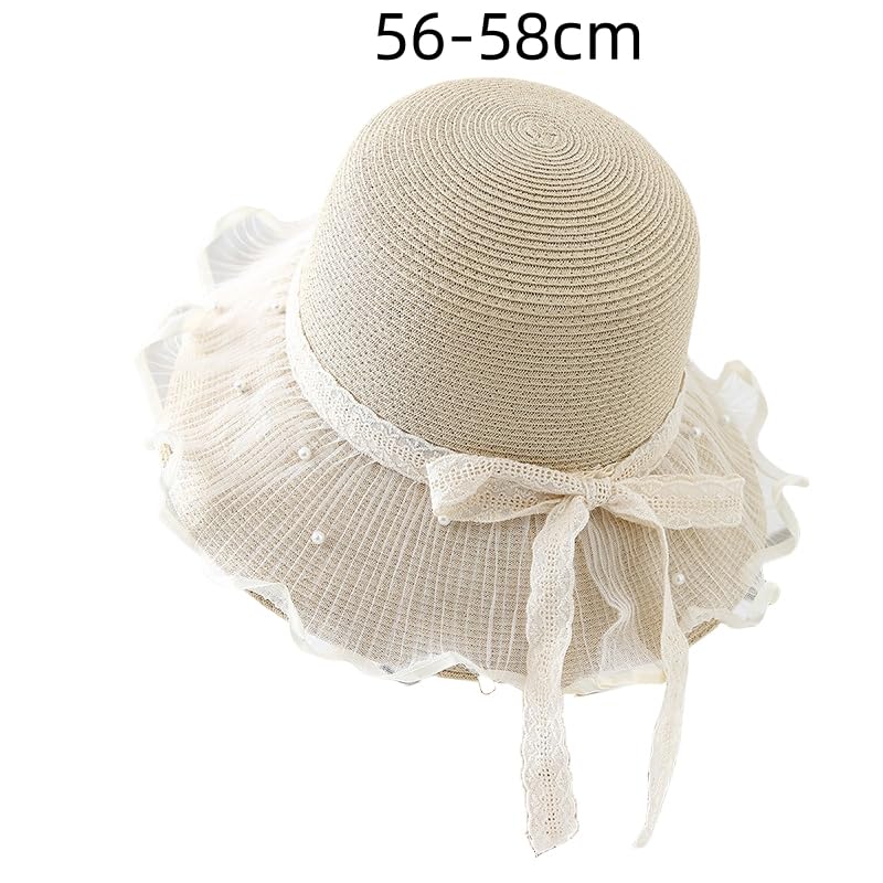 Sombrero de Paja de ala Ancha para Mujer,Plegable y Flexible,con Lazo de Tul Perlado,Transpirable,Resistente A Los Rayos UV,para Playa,para Caminar y Viajar