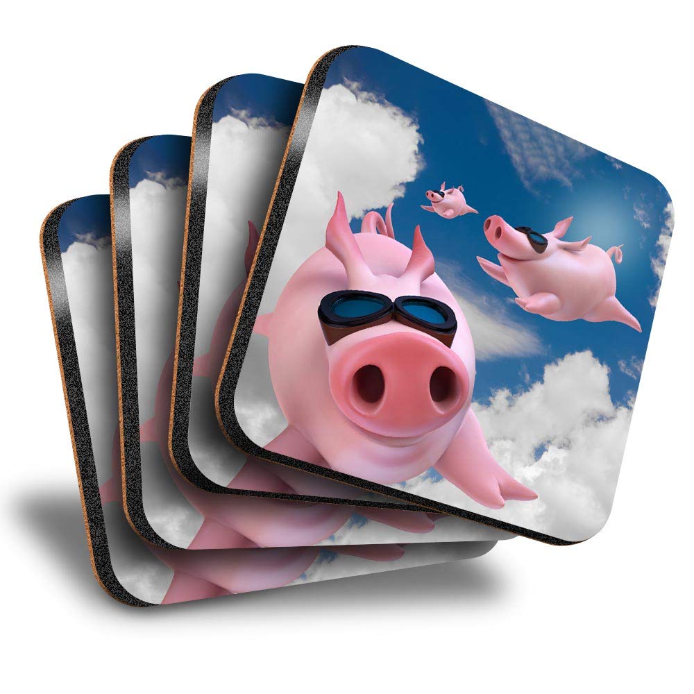 Destination Vinyl Ltd Great Coasters (Set of 4) Square - Flying Pigs Pink Pig Drink Glossy Coasters/Tabletop Protection for Any Table Type #15799