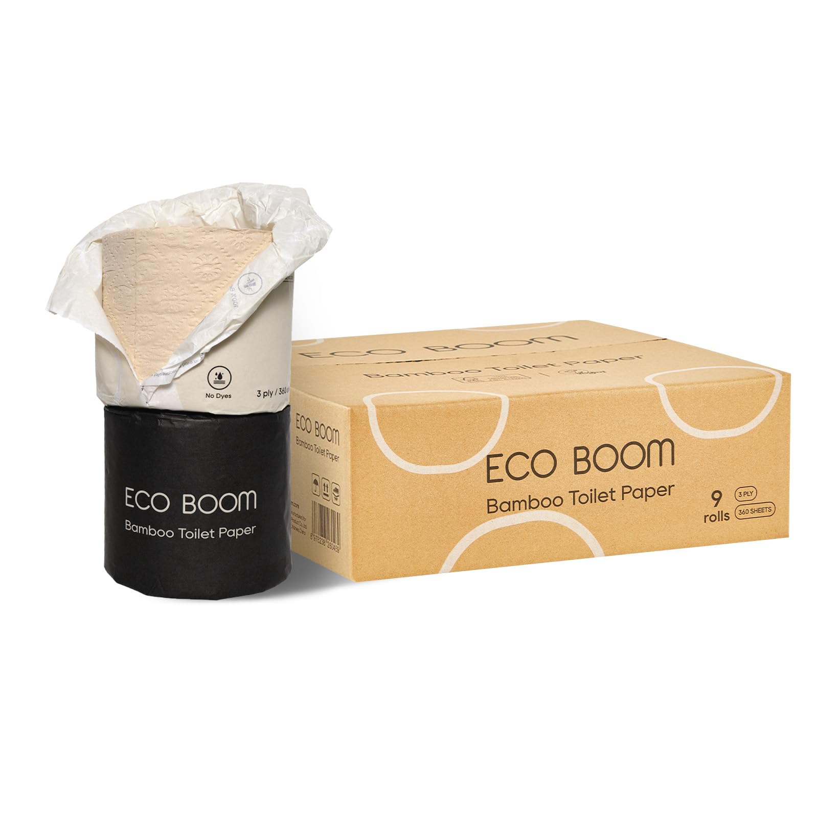ECO BOOM Unbleached Bamboo Toilet Paper, 100% Tree-Free & Plastic-Free, 3-Ply Strong, FSC Certified, Unscented, 9 Rolls, 360 Sheets | PFAS Free, BPA Free & Septic Safe