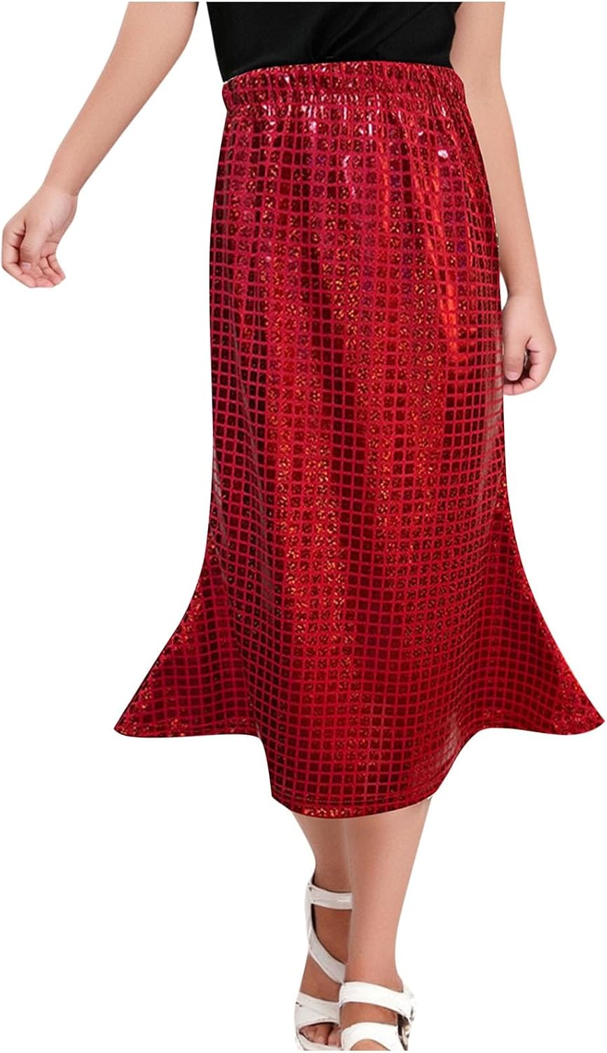 Girls Sequin Midi Skirt Elastic Waist Elegant Hem Fishtail Long Skirts Party Dance Dressy Cute 2026 for Big Girls