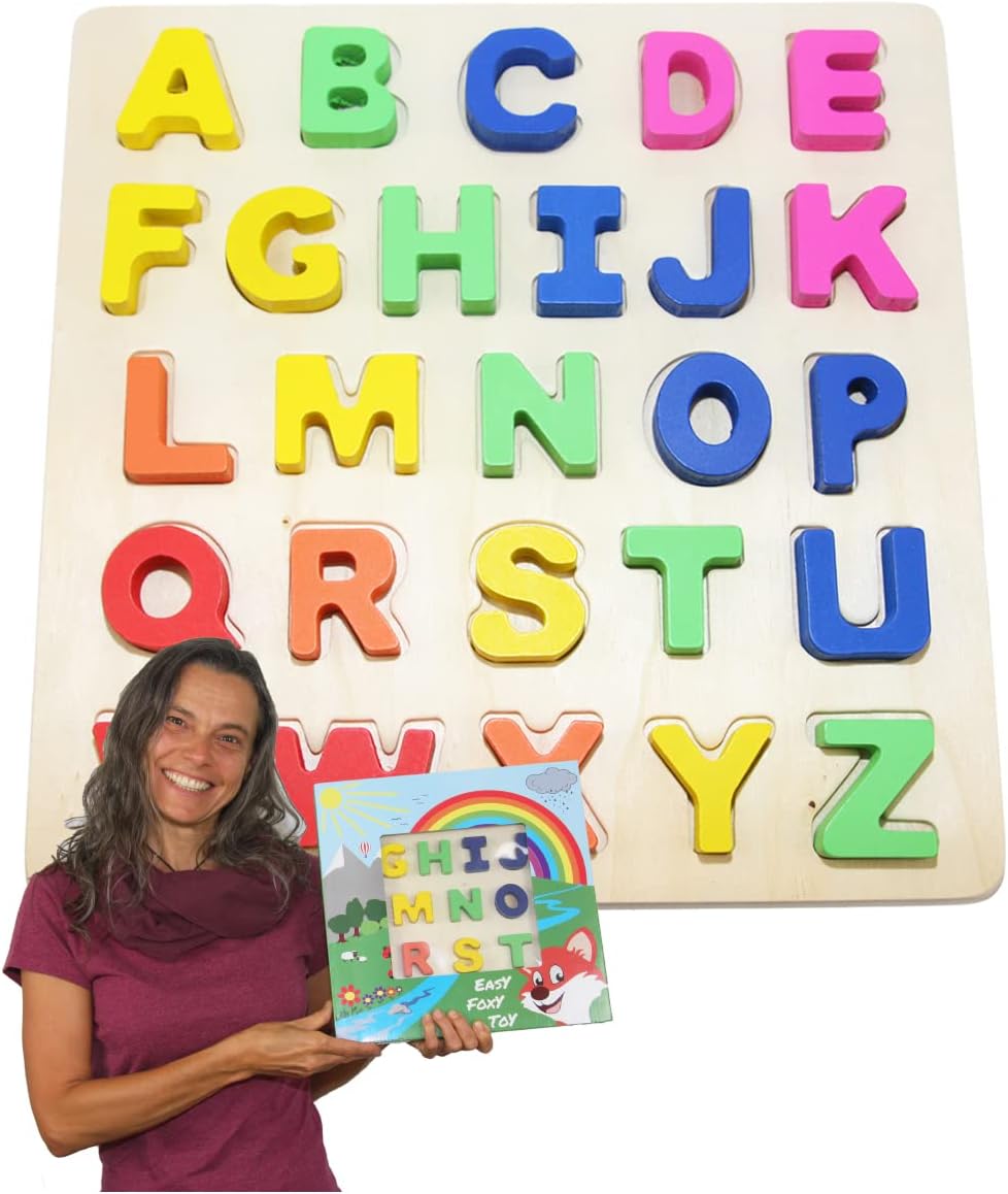 EasY FoxY ToYs Wooden Alphabet ABC Puzzle for 3-5 Year Old Kids; Toddler Peg Letters Shapes Spelling Game, Girl Boy Preschool Learning Gifts Age 3+