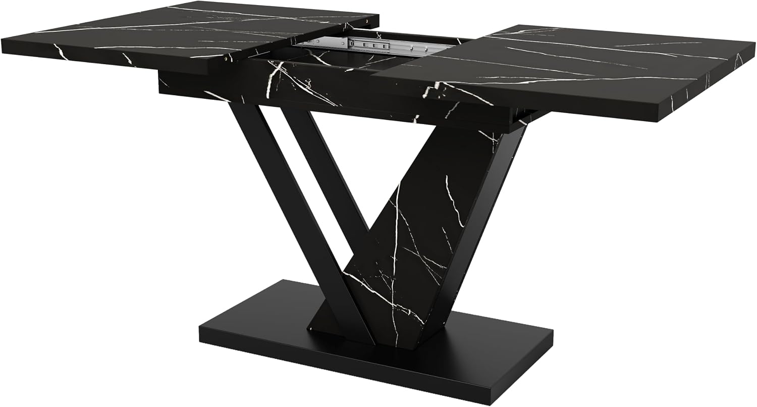 DRIXNO Telescopic Dining Table 120 - 160 x 75 cm with Black Marble Pattern Extendable to 120-160 cm with Internal Inserts