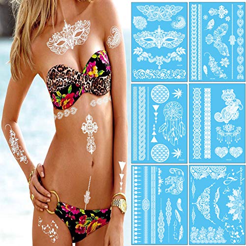 6 Large Sheets Temporary Tattoos,Mask,Elephant,Eagle,Jasmine,50PCS White Mandala Fake Tattoo Stickers for Adults and Kids