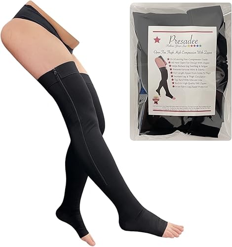 Miniatura 7 de Punta abierta hasta el muslo 20-30 mmHg Pierna de compresión firme con cremallera YKK (beige, 0)