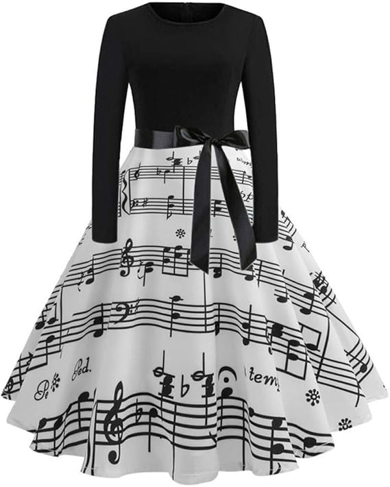 Amazon Co Jp ドレス Bobogojp ヘップバーン風 レディース オシャレ 丸襟 ワンピース 綺麗 ノースリーブ チュニック 膝丈ドレス ベルト付け 音符柄 着痩せ エレガント 女の子 ハイウエスト Aラインスカート 洋服 服 ファッション小物