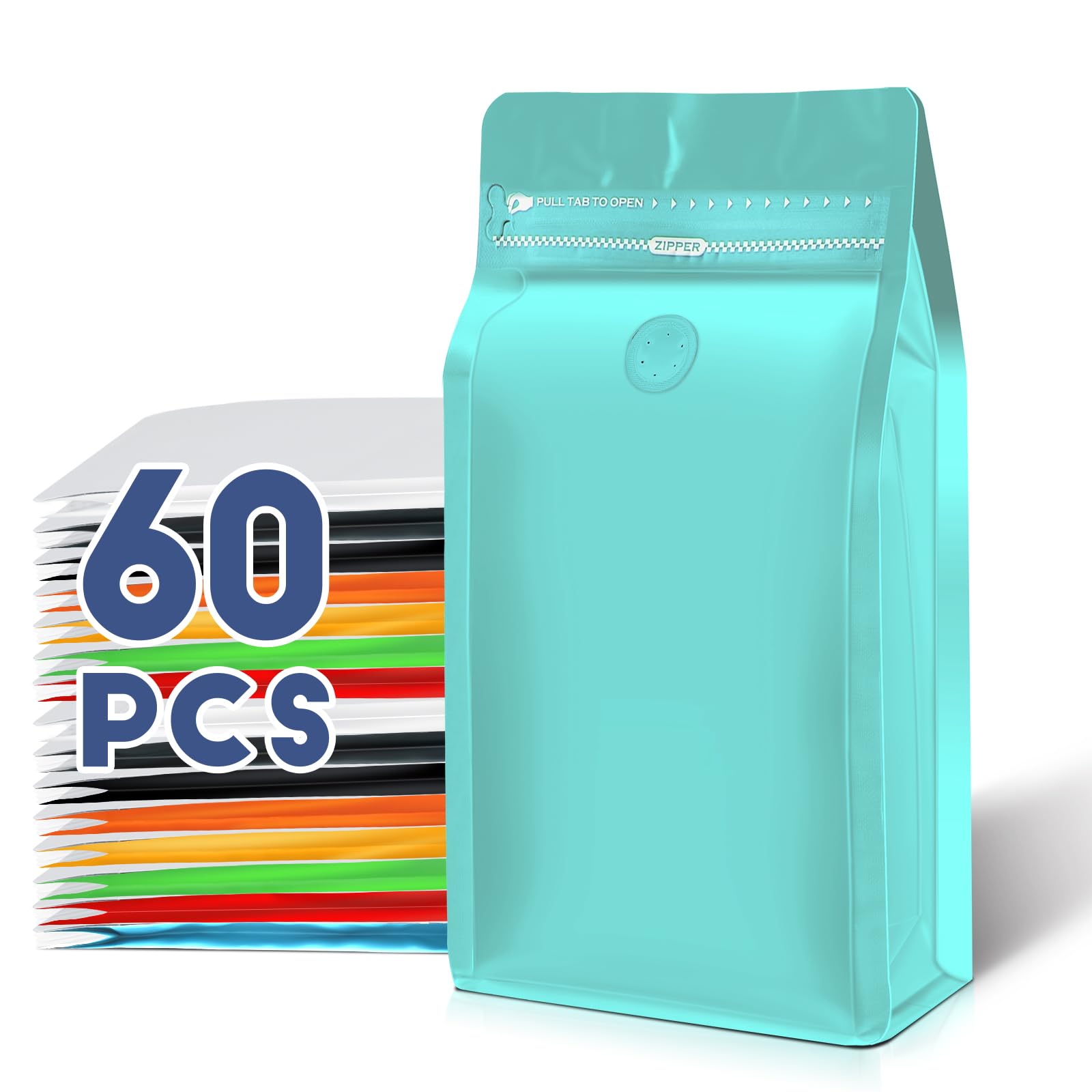 Coffee Bags with Valve(60pcs,16 oz,1 lb) Vented Coffee Beans Packaging Bags High Barrier Aluminumed Foil Flat Bottom Heat Sealed Side Zipper Resealable Storage Bag for Home or Business（Blue）