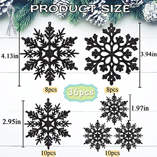 Image of 36pcs Black Christmas Snowflake Ornaments, Plastic Glitter Hanging Snow Flakes for Christmas Tree Decorations Winter Wonderland Frozen Birthday Party Holiday Home Decor Craft Snowflakes