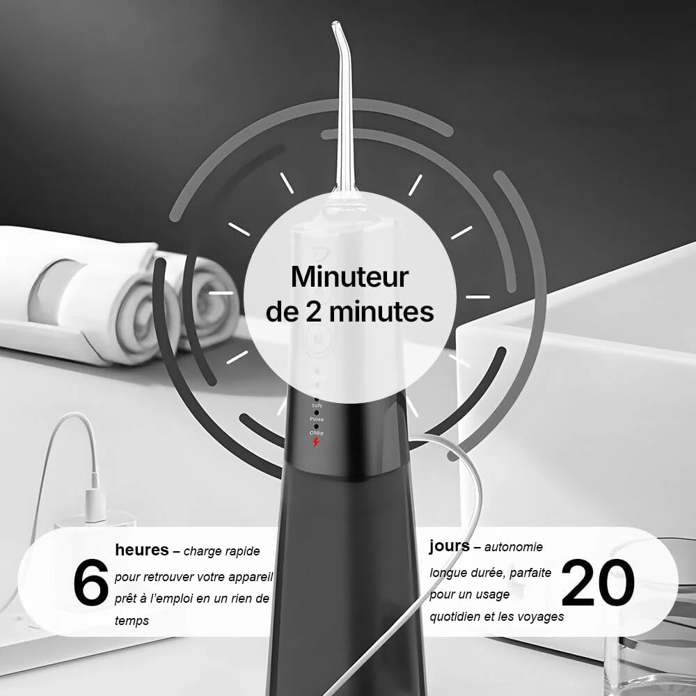 Oryzom-s Hydropulseur sans fil pour un soin dentaire & buccal optimal / 5 modes & 4 embouts/Réservoir de 300 ml/Étanchéité IPX7 / Jet dentaire pour gencives hydropulseur (Blanc)